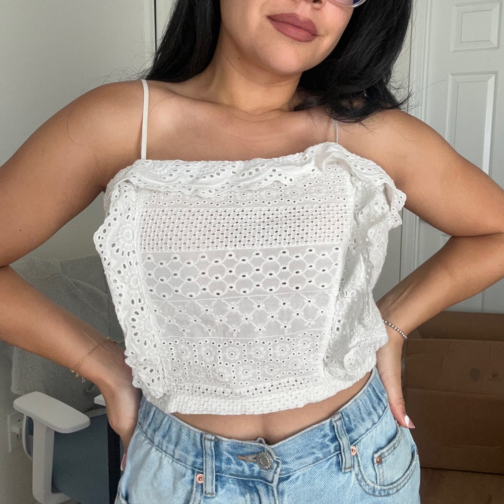 White Crop Ruffle Top